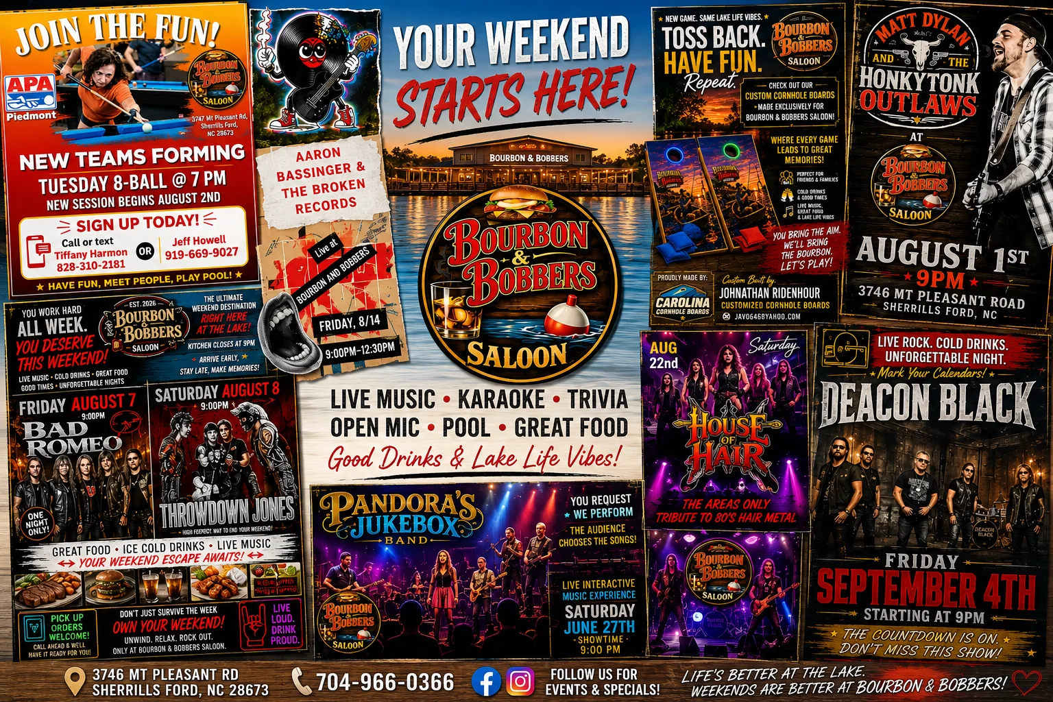 Bourbon & Bobbers Saloon events featuring live music, pool tournaments, cornhole, food, drinks and entertainment in Sherrills Ford, NC.