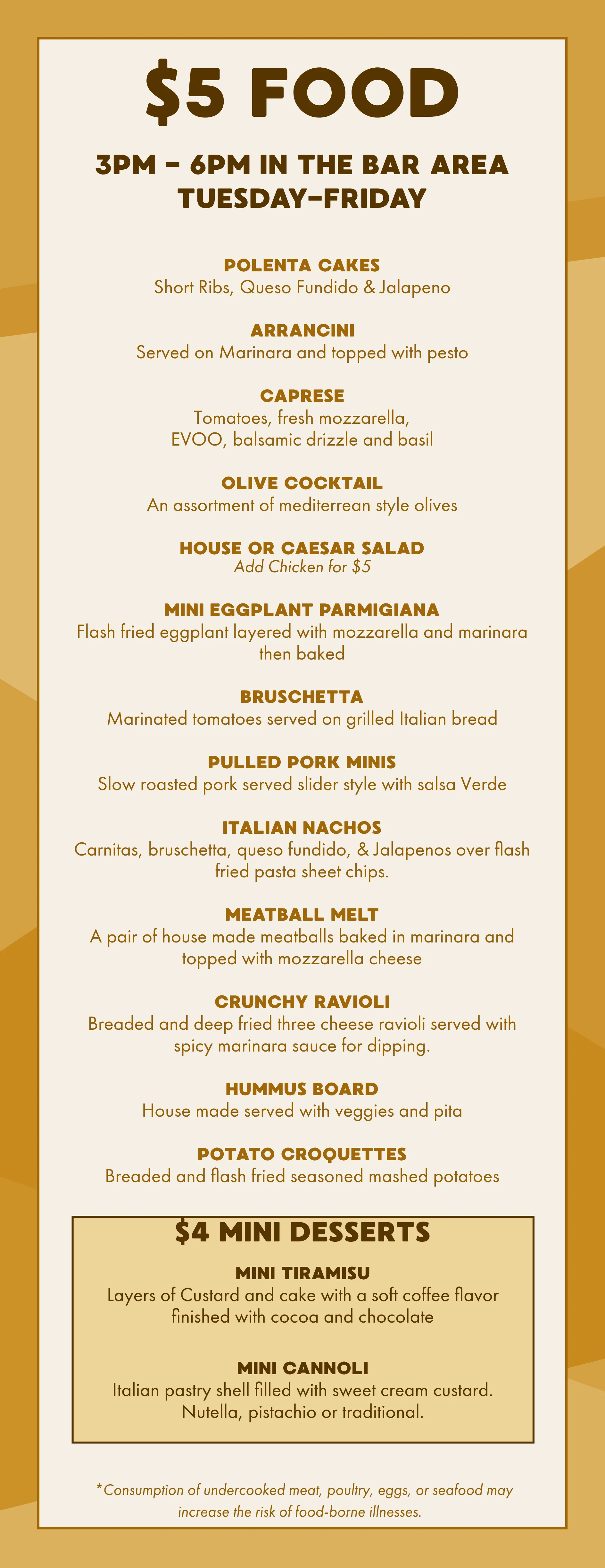 Italian bar food menu featuring appetizers and mini desserts