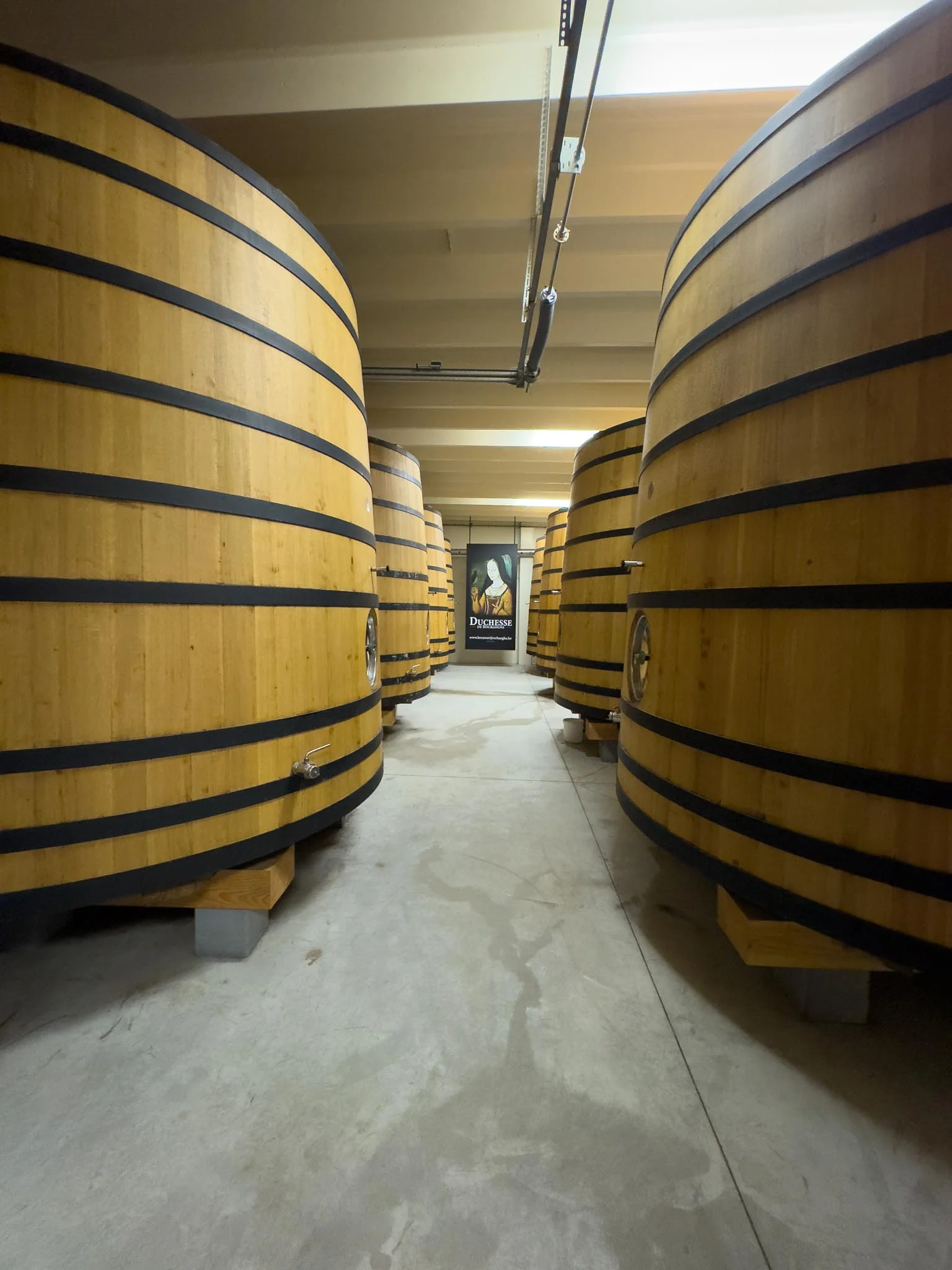Wooden fermentation tanks in a wine cellar for aging wine