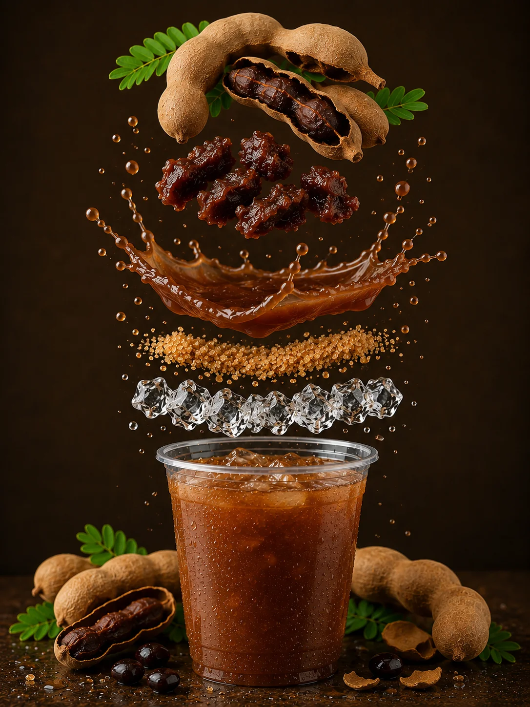 A refreshing drink made from tamarind, served with ice, showcasing the tamarind pods and syrupy droplets above.