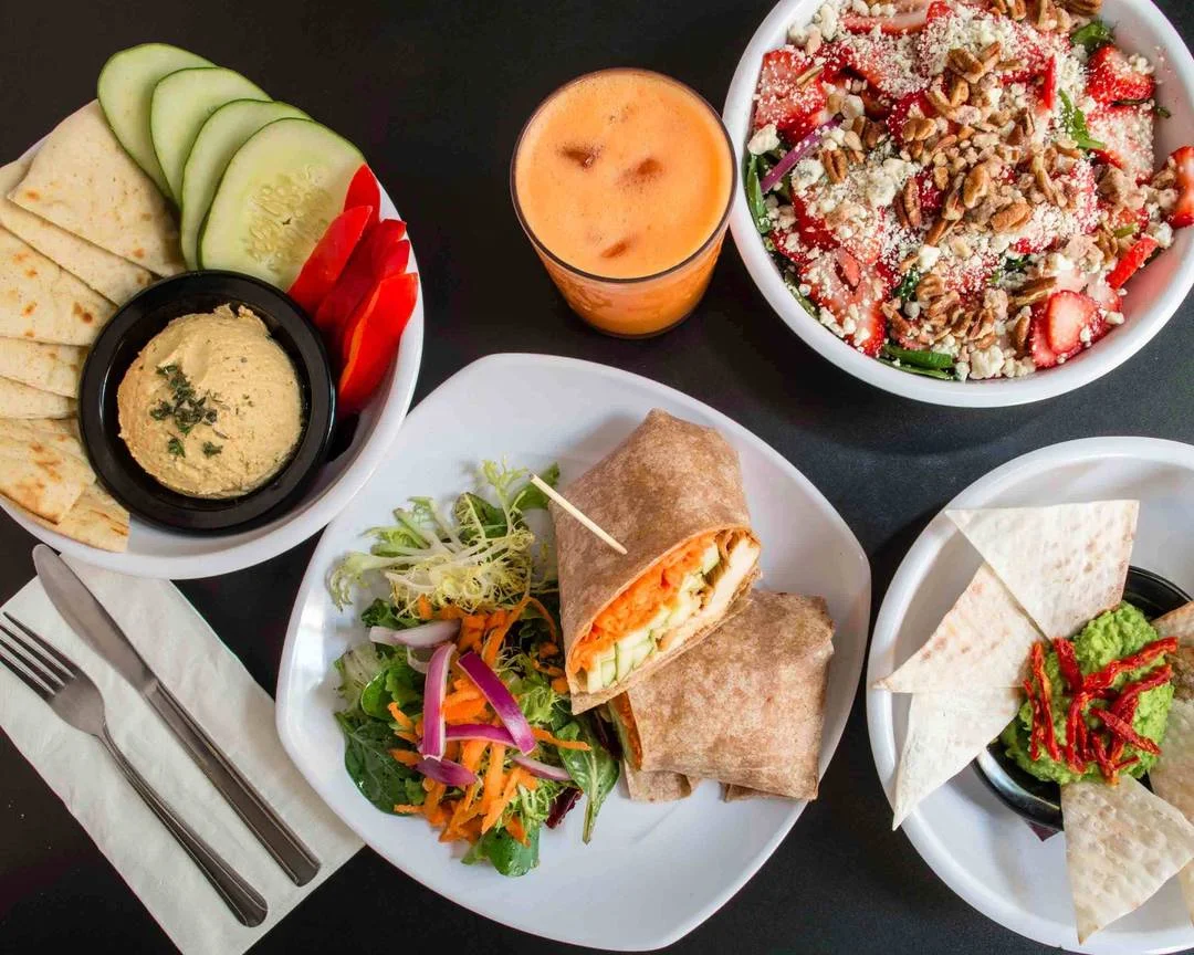 Mediterranean mezze platter with hummus, pita, and fresh vegetables