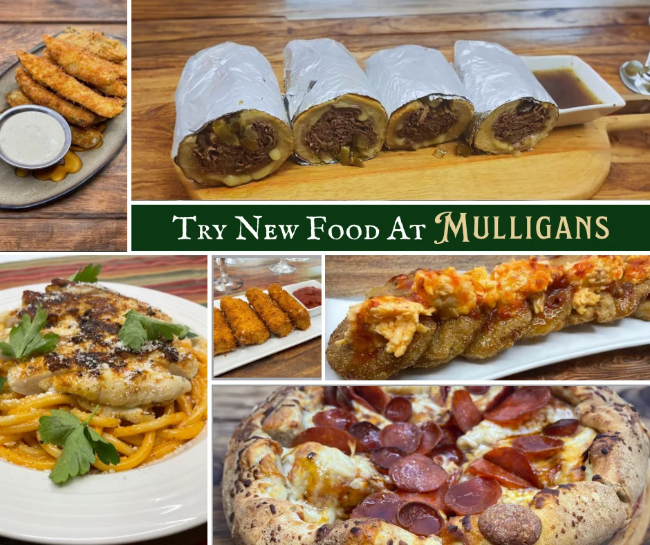 Variety of dishes at Mulligans restaurant including pizza and pasta