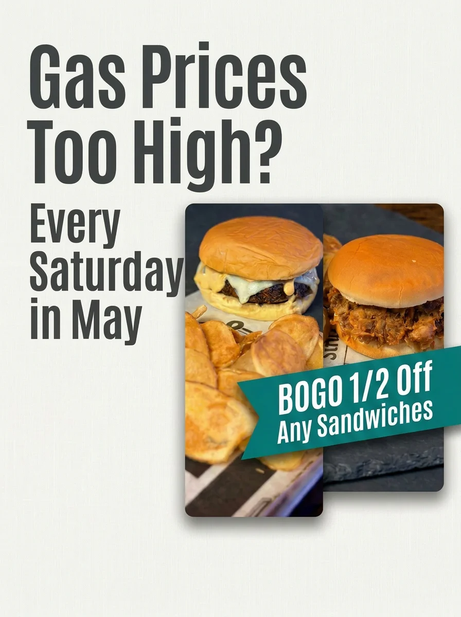 Promotional image for BOGO 1/2 off sandwiches every Saturday in May.