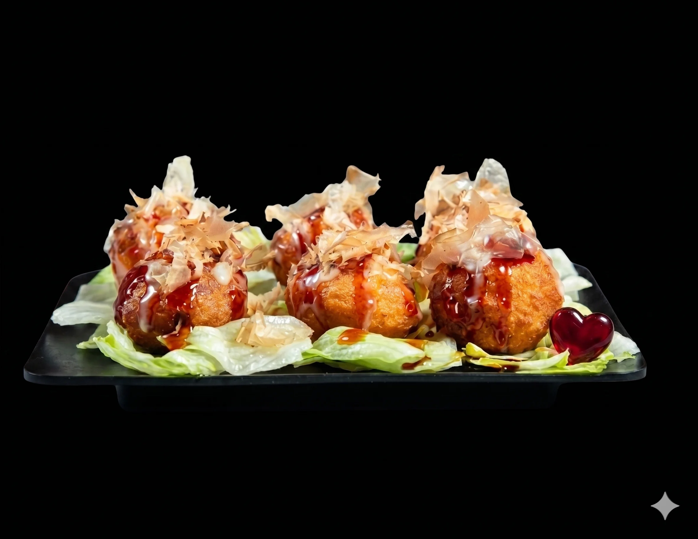 Crispy fried snacks on a black plate with lettuce garnish.