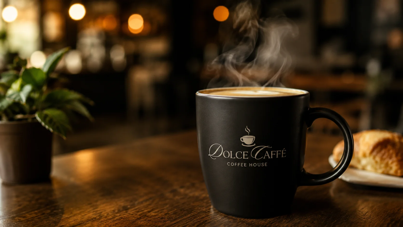 Steaming coffee in a cozy café setting