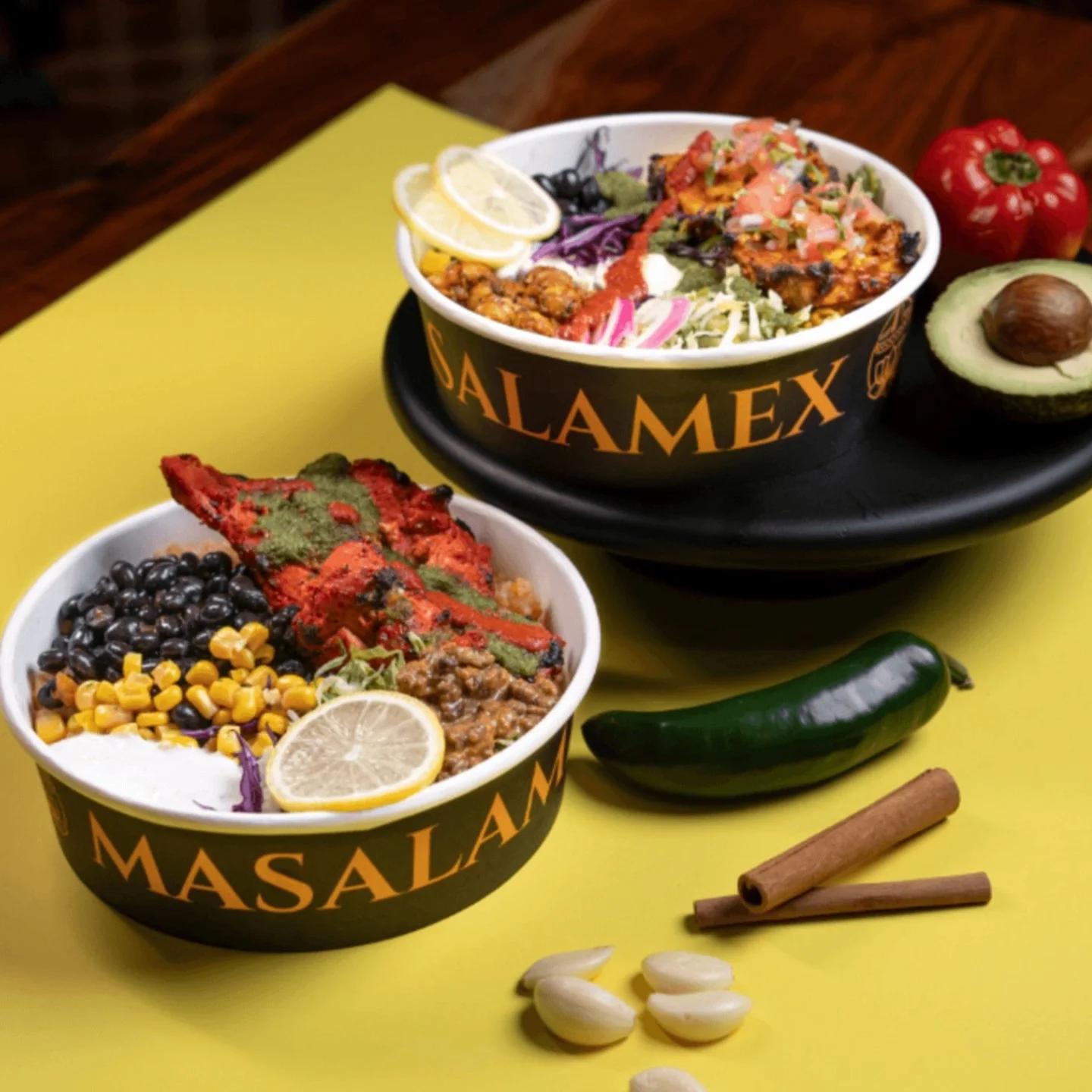 Fusion bowl of Indian-Mexican tandoori chicken with rice and beans