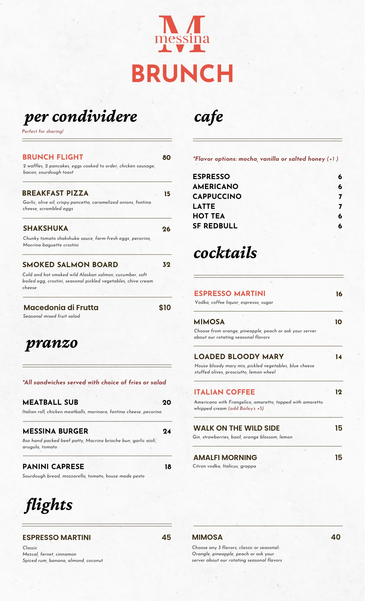 Brunch menu featuring various delicious dishes and beverages.