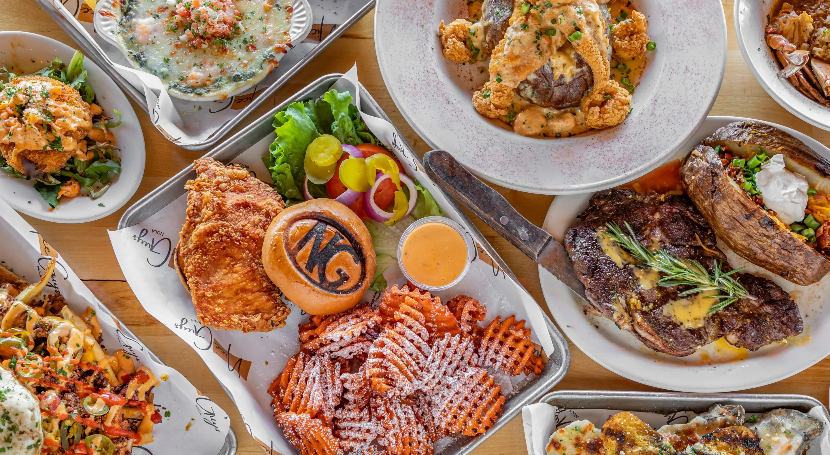 Southern fried chicken with sides in a vibrant restaurant setting