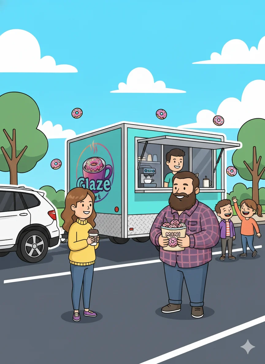 Food truck serving donuts and coffee in a lively outdoor setting