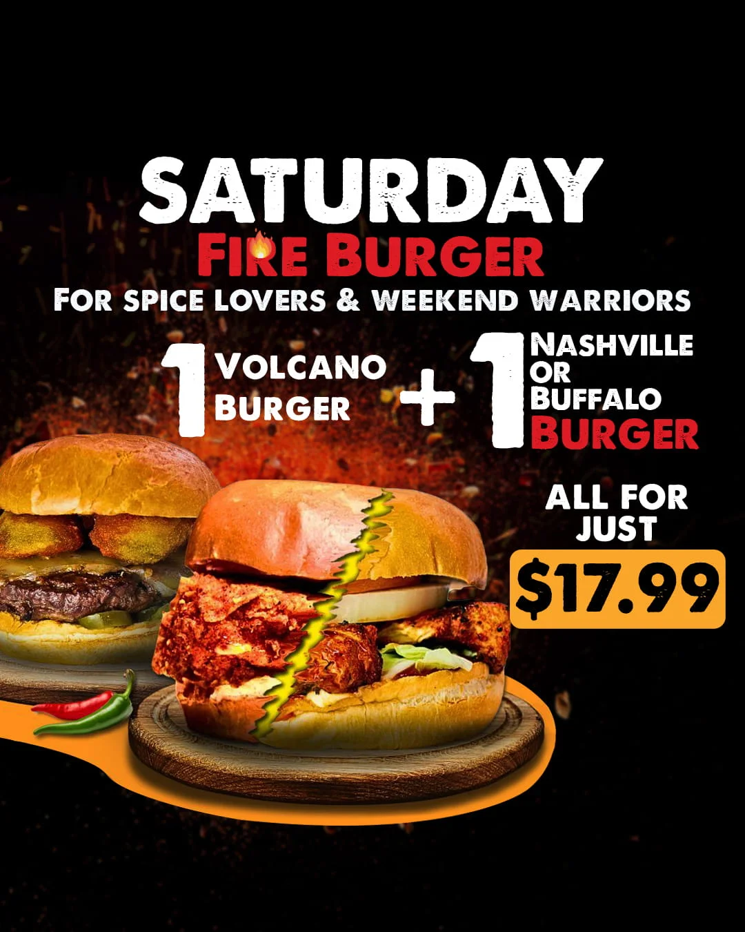 Promotional image for Saturday Fire Burger deal with two spicy burgers.