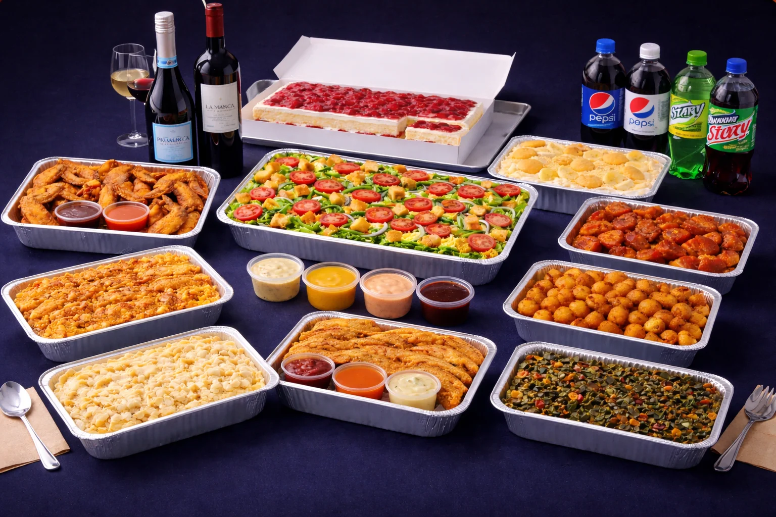 Catering platter with a variety of delicious food items.