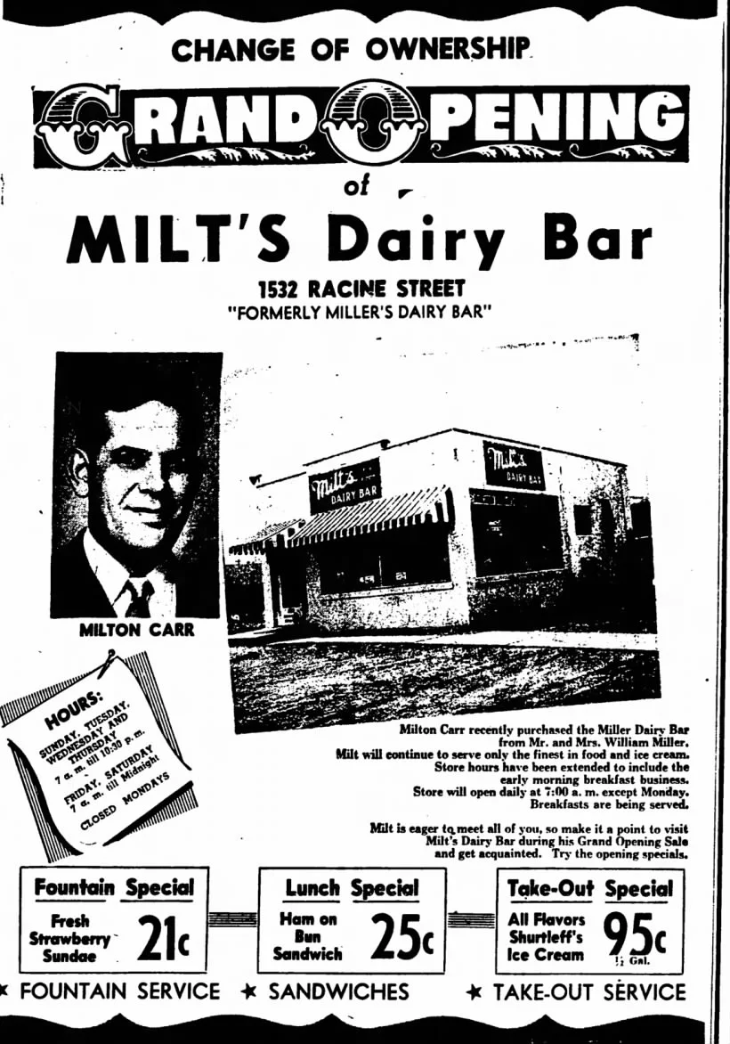 Grand opening announcement for Milt's Dairy Bar on Racine Street
