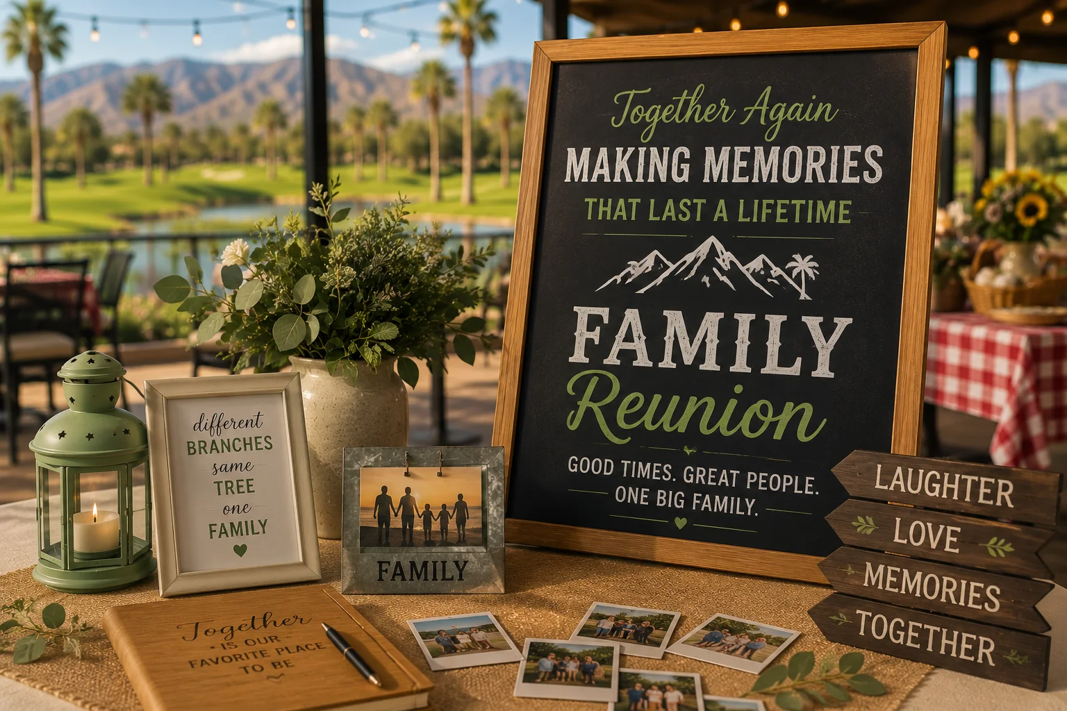 Decorative setup for a family reunion with signs and photos