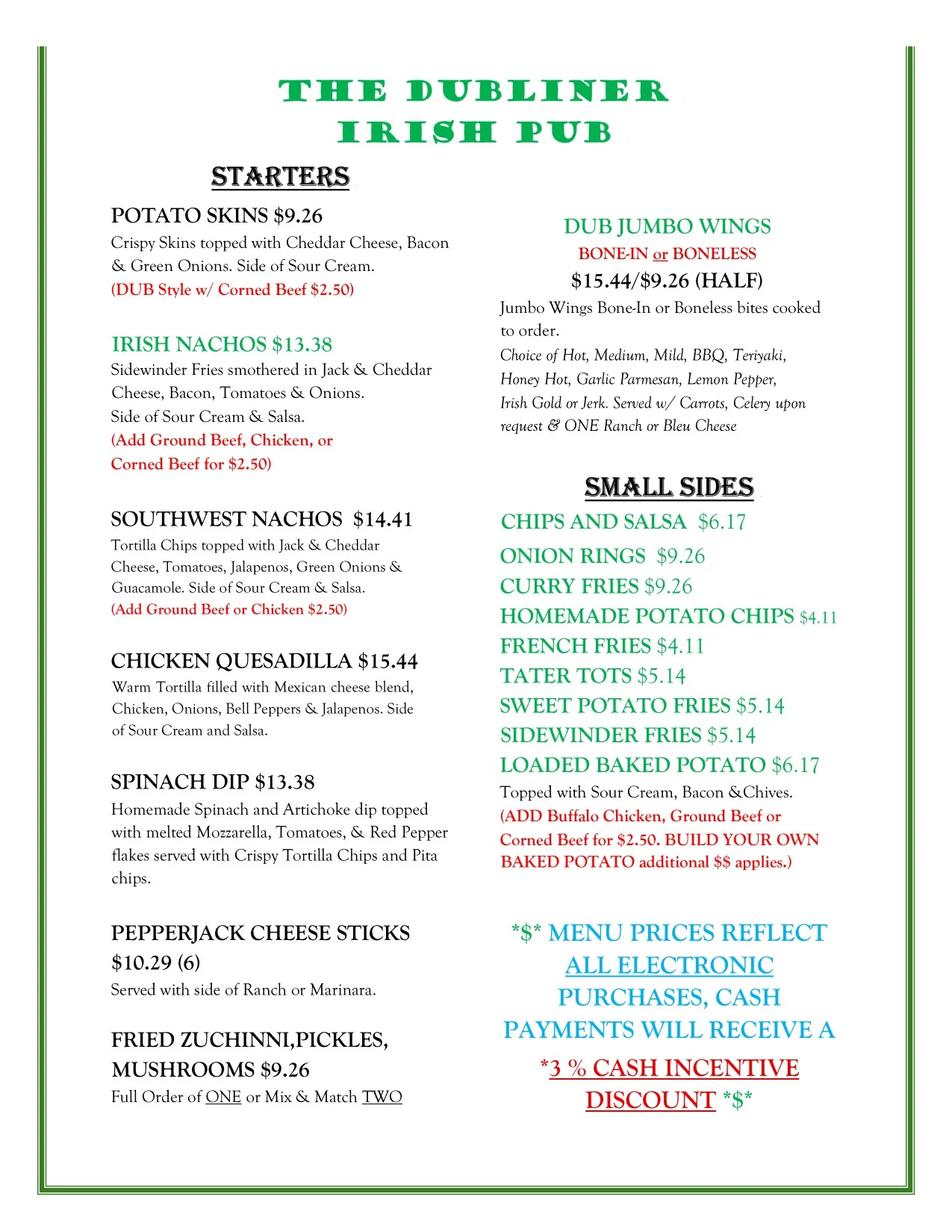 Irish pub menu featuring starters and small sides