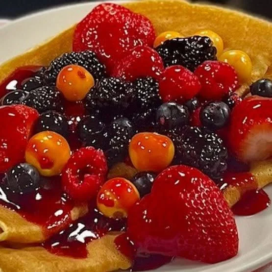 Delicious berry crepes topped with mixed fruits and syrup