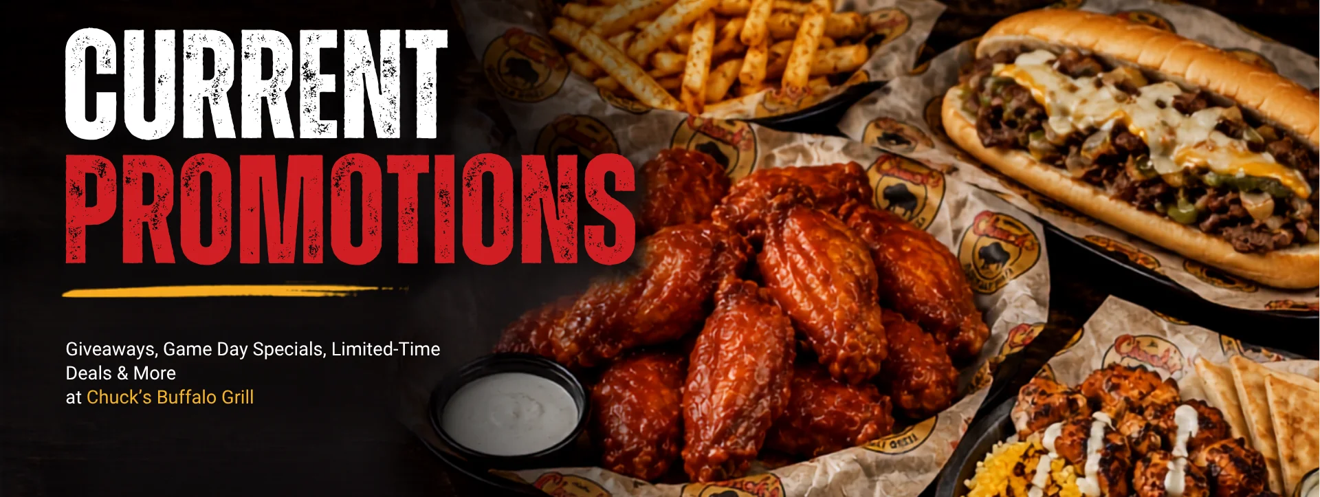 Buffalo chicken wings with dipping sauce and loaded fries