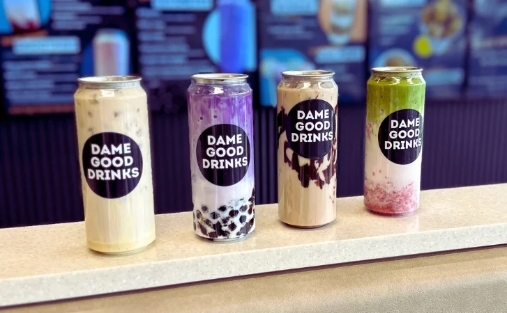 Assorted bubble tea cans from Dame Good Drinks