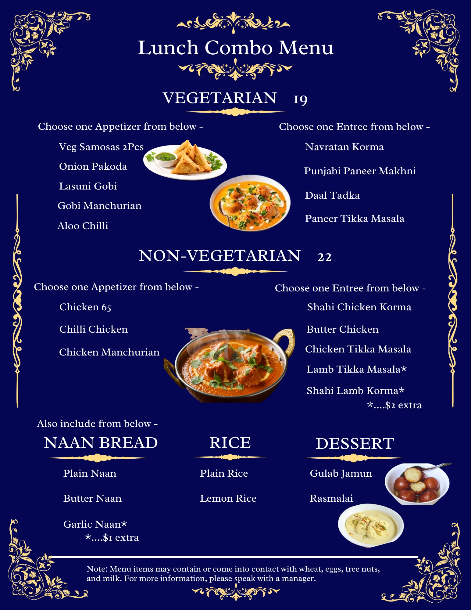 Lunch combo menu featuring Indian vegetarian and non-vegetarian dishes