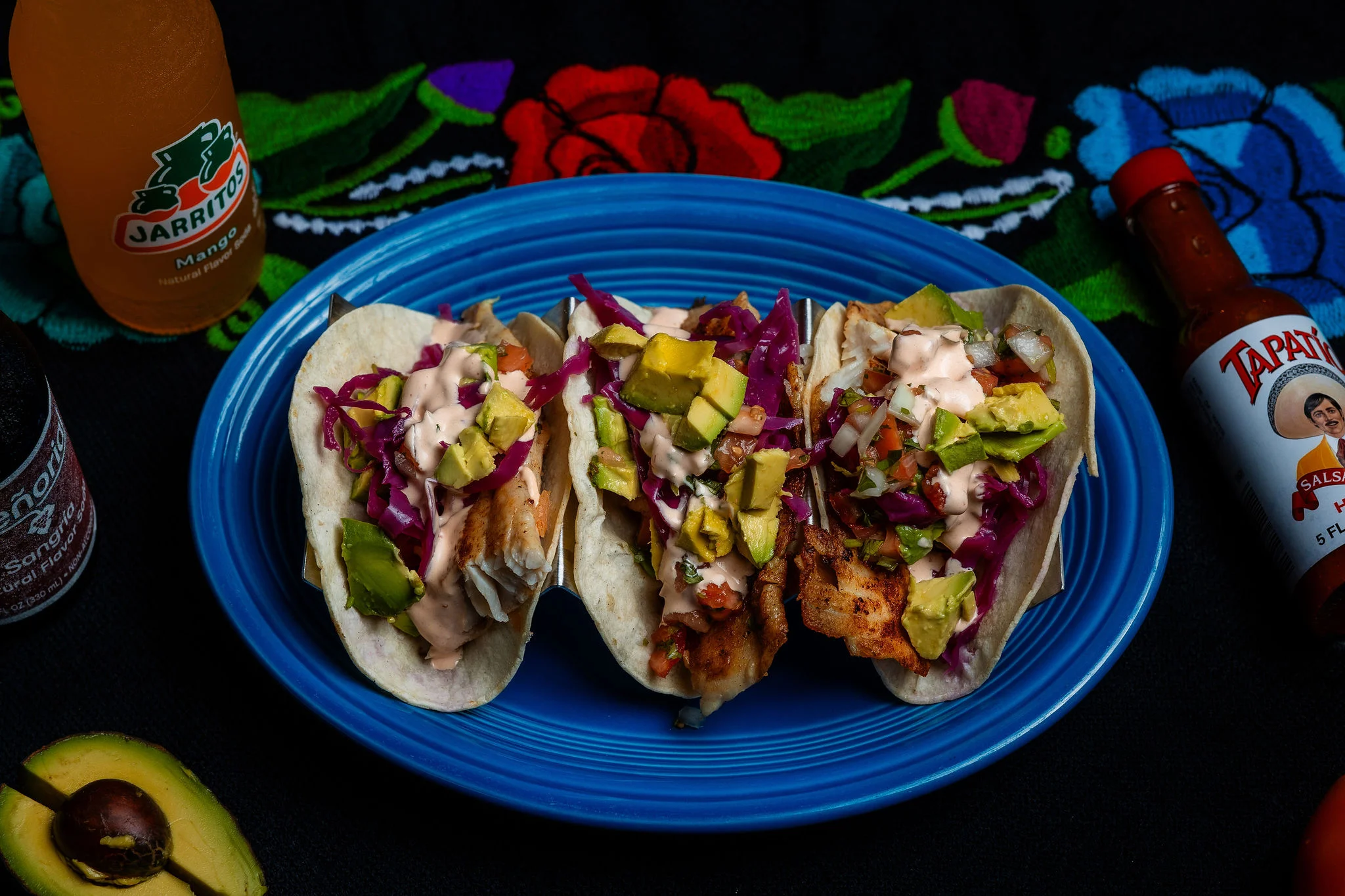 Delicious fish tacos served with fresh toppings