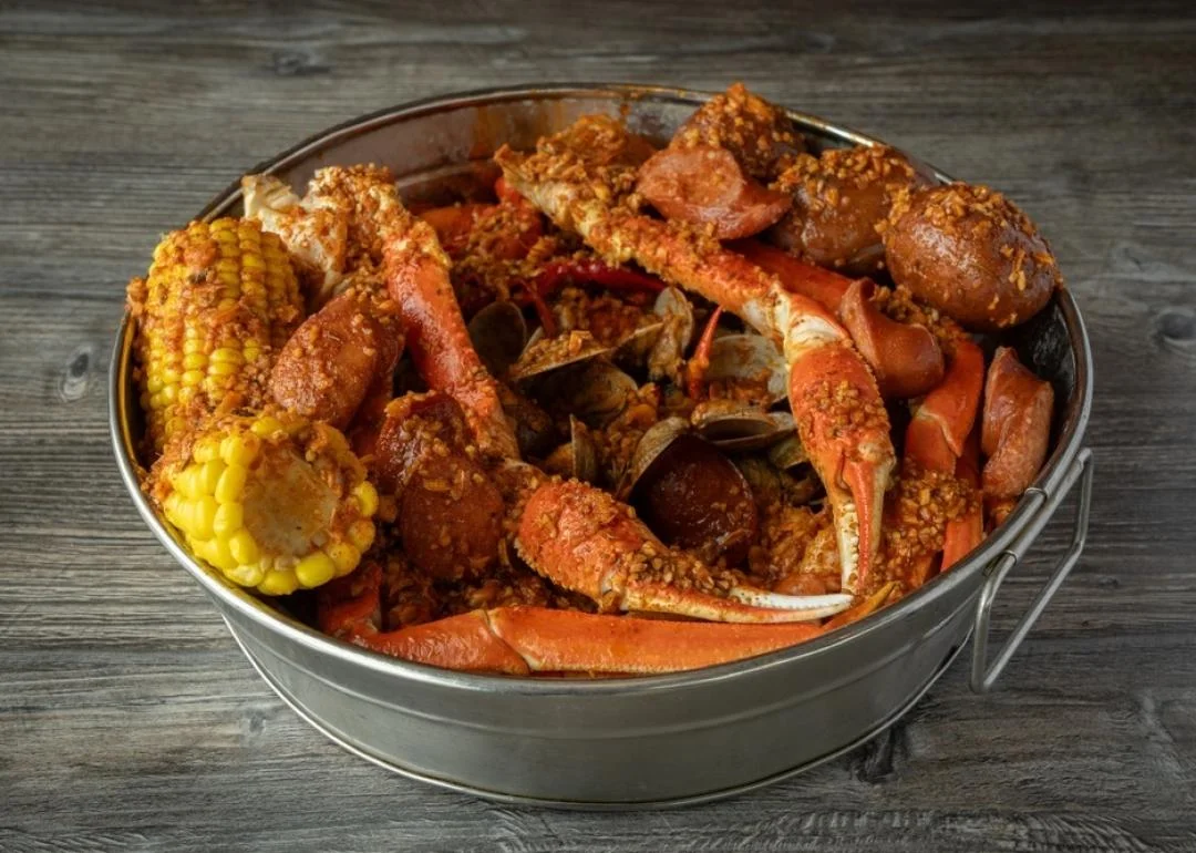 Seafood boil with crab, sausage, and corn