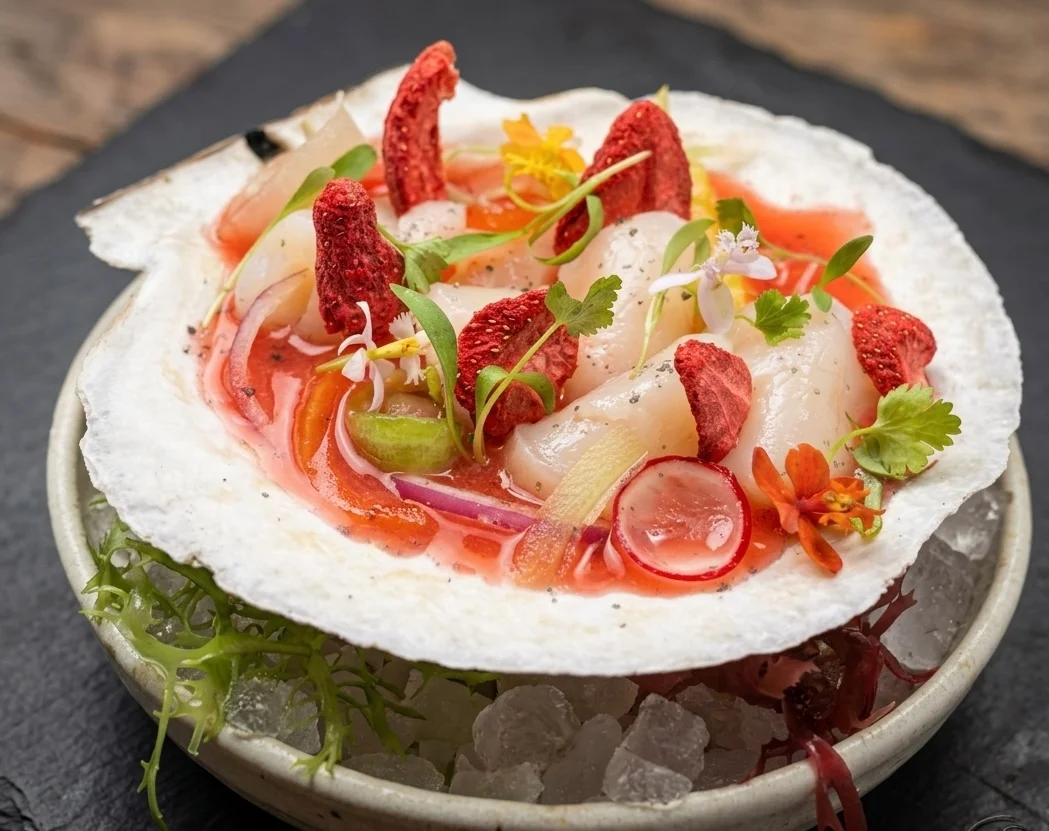 Ceviche served in a coconut shell with vibrant garnishes