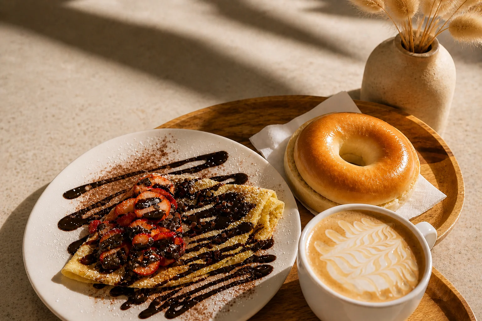 A cup of chocolate mocha topped with a decorative foam design, accompanied by various baked goods including a croissant and cheese bread rolls on a plate.
