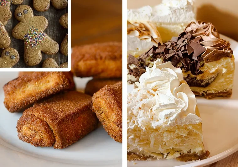 Assorted desserts including gingerbread cookies and cheesecake slices on a plate