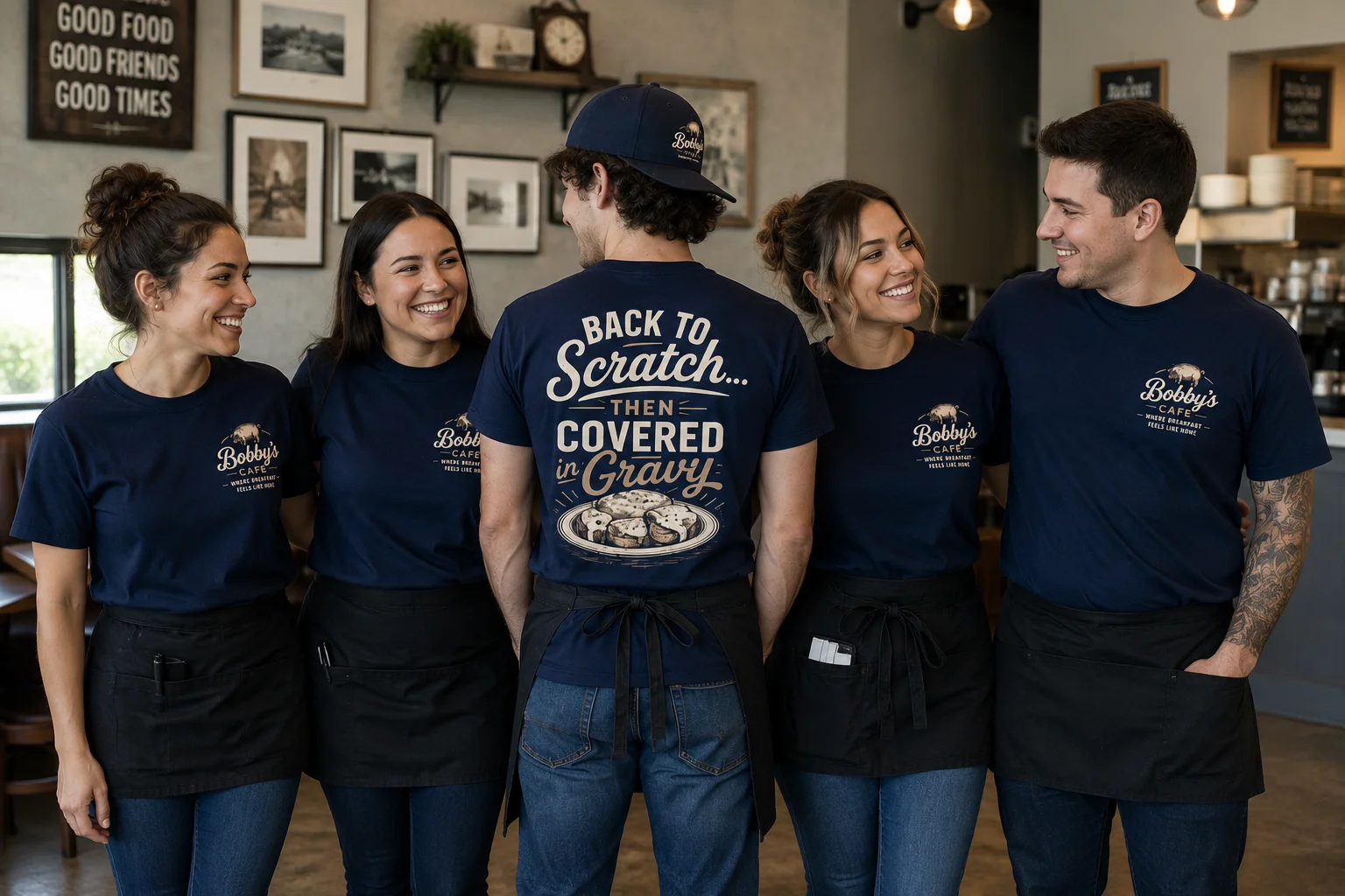 Friendly cafe staff in matching shirts at Bobby's Cafe