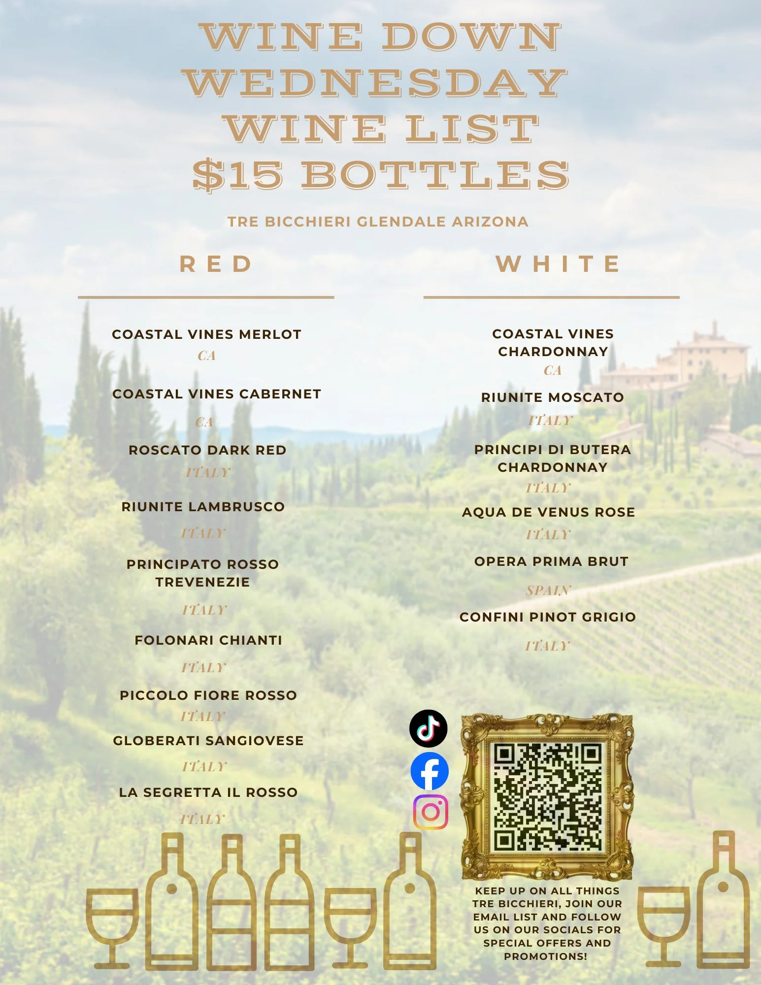Wine list for Wine Down Wednesday at Tre Bicchieri, Glendale, Arizona