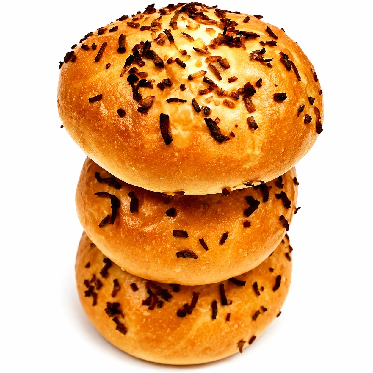 Three stacked bread rolls topped with chocolate sprinkles.
