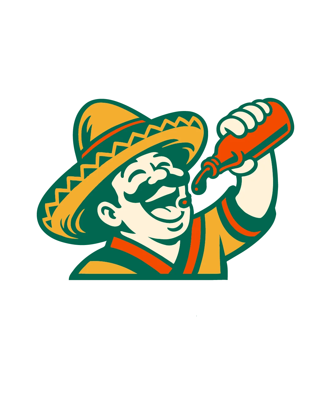 A colorful cartoon depiction of a cheerful man with a mustache wearing a sombrero, pouring hot sauce from a bottle.
