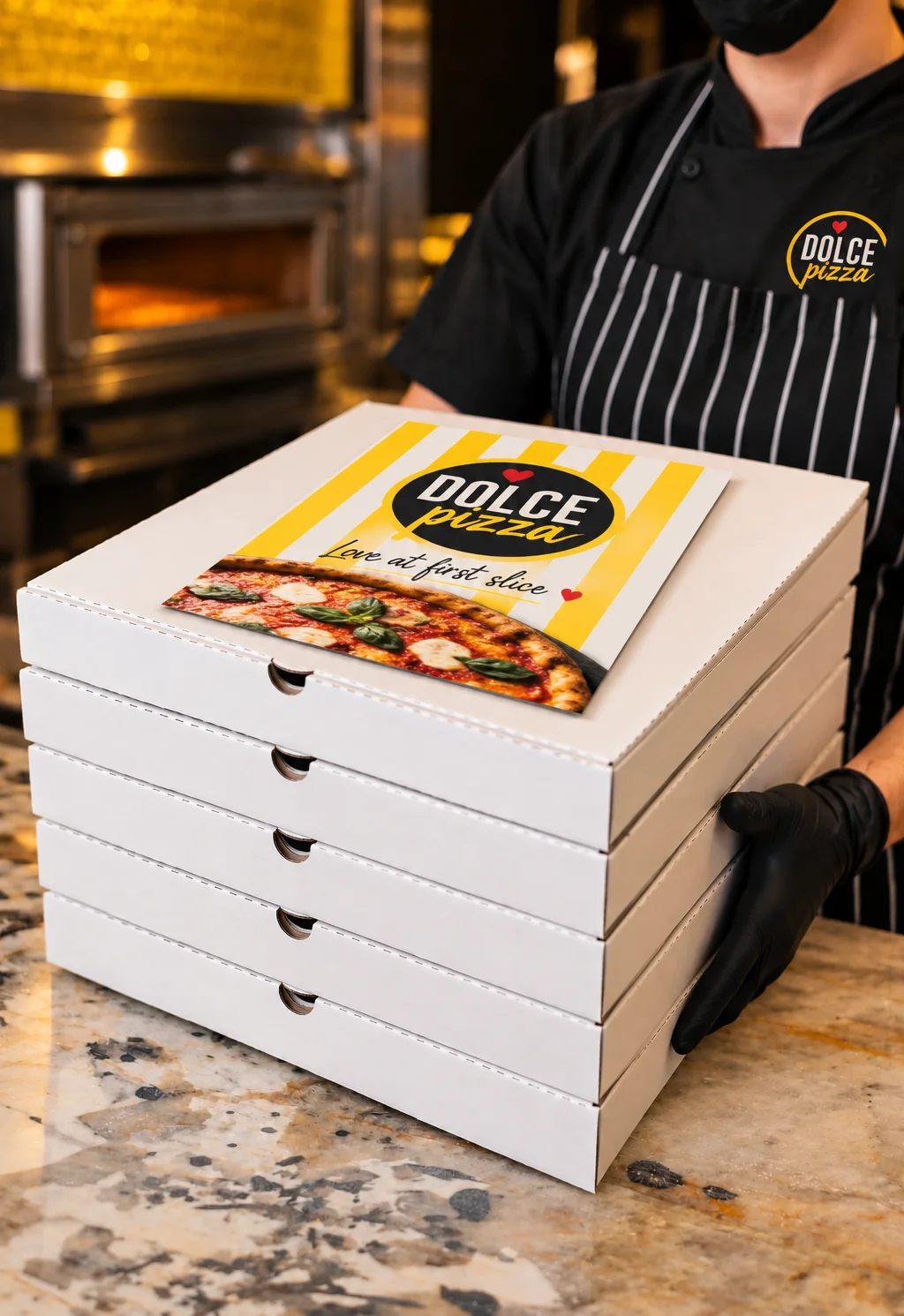 Margherita pizza with basil and blistered crust in promotional design
