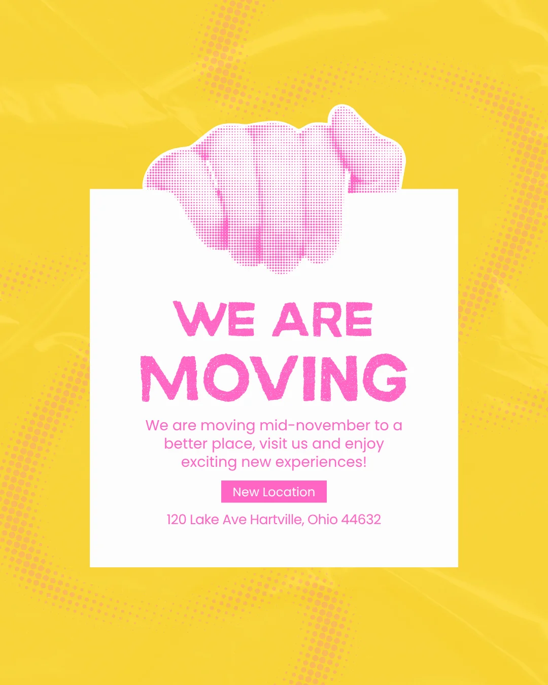 Restaurant relocation announcement graphic with bold pink typography