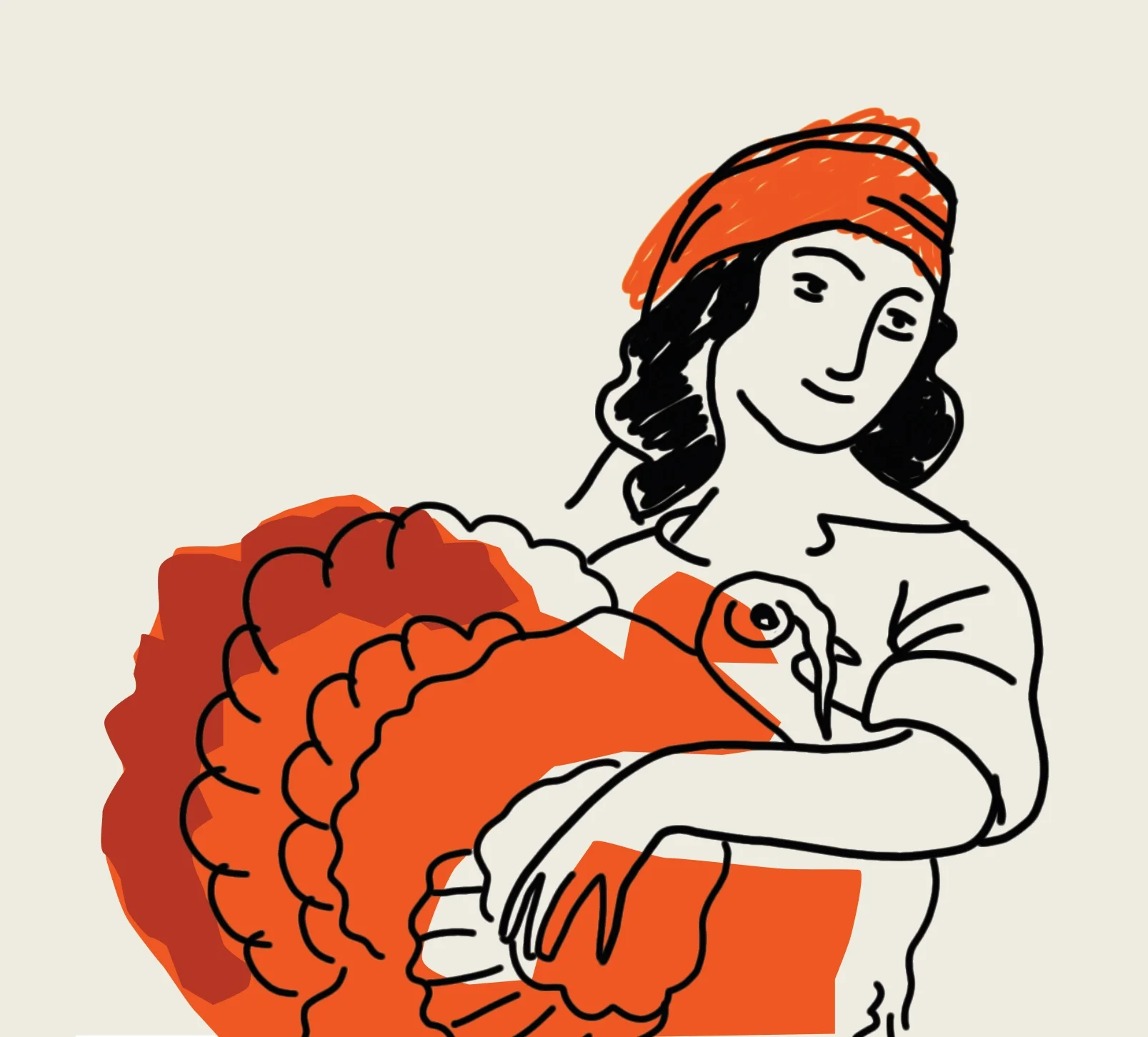 Illustration of a smiling Georgian woman in an orange headscarf holding a turkey