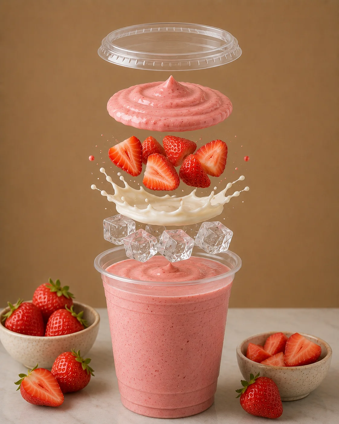 A layered smoothie with fresh strawberries, a creamy topping, and ice cubes, presented in a clear cup. There are additional strawberries on the side.