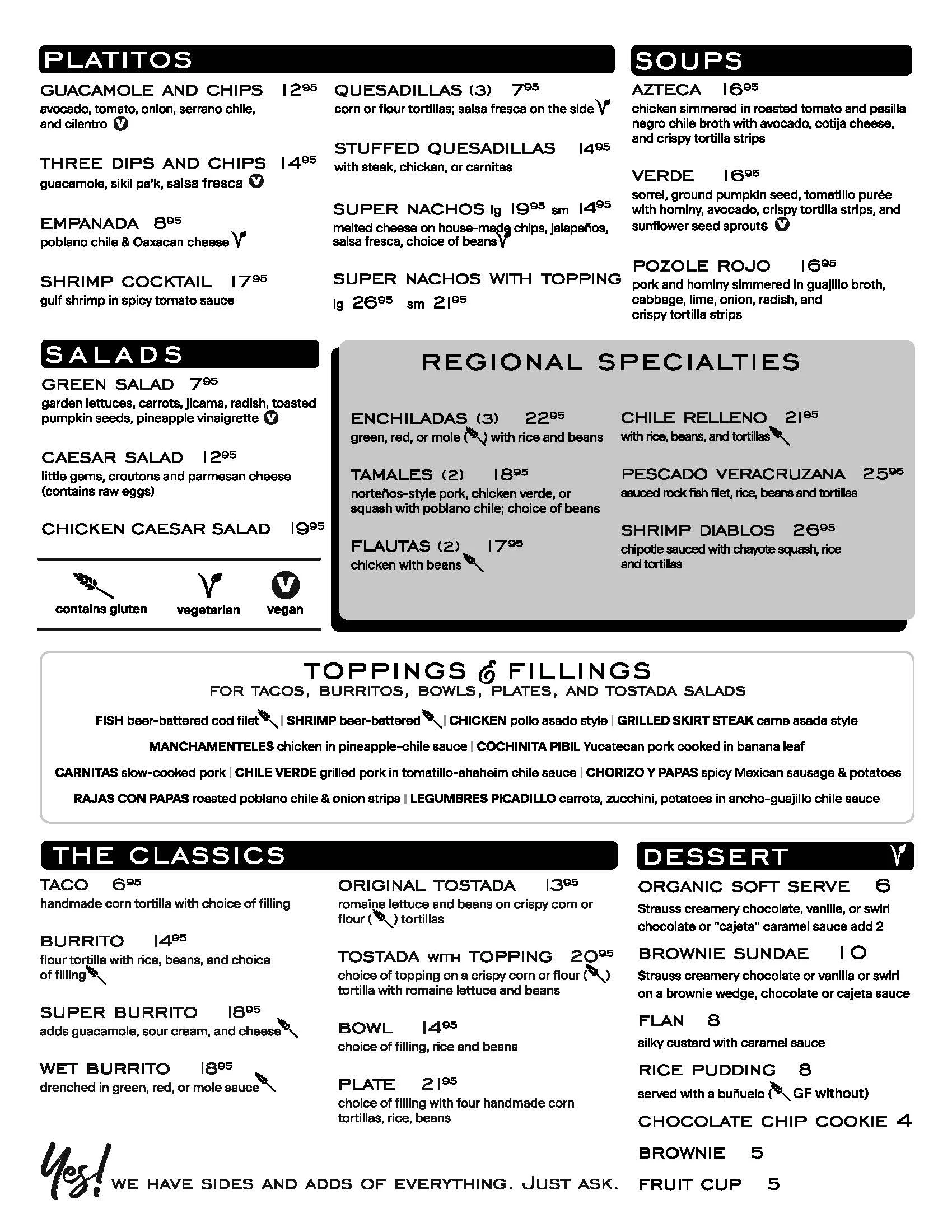 Mexican menu featuring enchiladas, tacos, and regional specialties