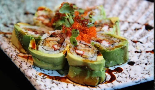 Japanese dragon roll sushi with avocado and eel