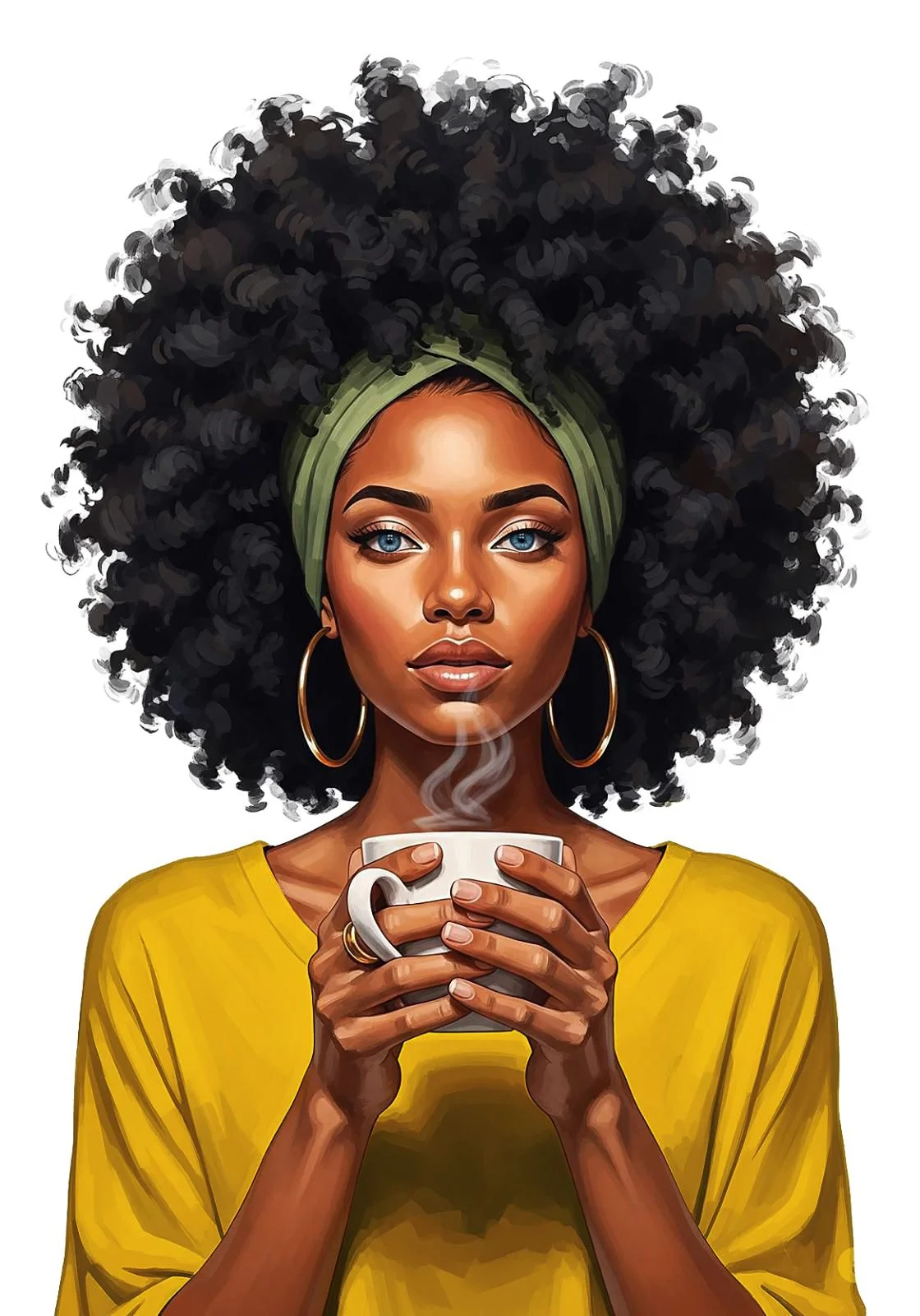 An illustrated portrait of a woman with voluminous curly hair, wearing a green headband and holding a steaming cup, dressed in a yellow top.