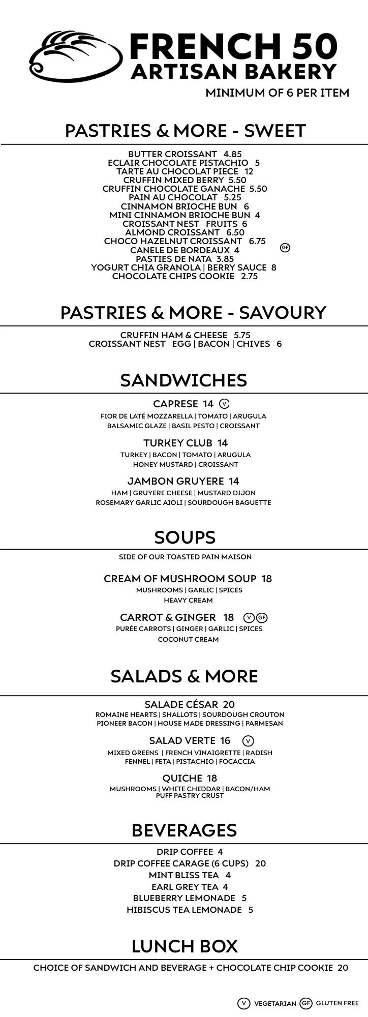 French artisan bakery menu featuring pastries and sandwiches