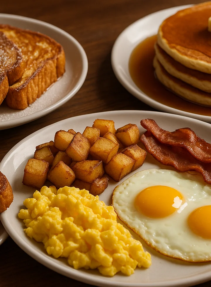 Classic American breakfast with pancakes, eggs, bacon, and French toast