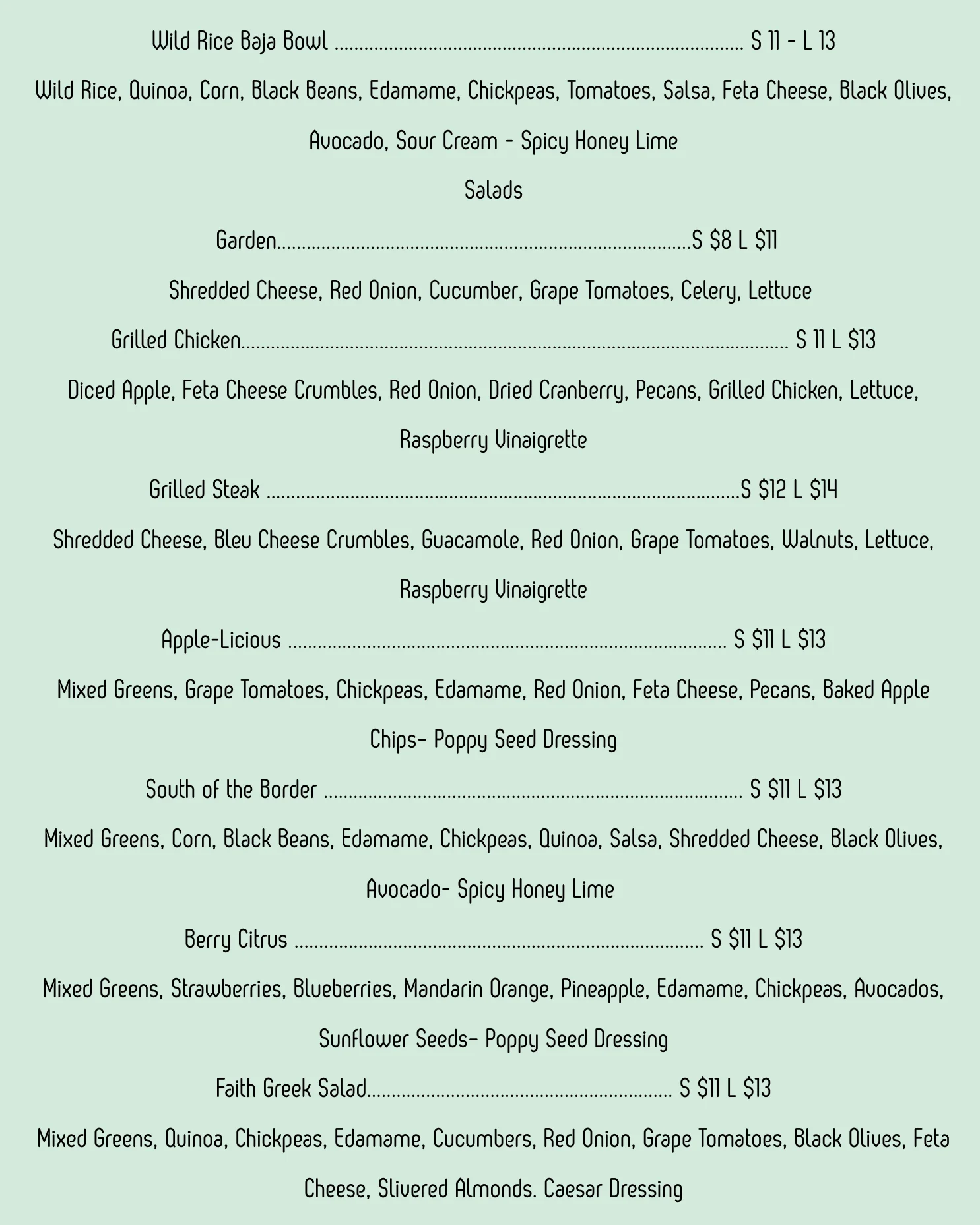 Coffee and espresso drink menu with prices