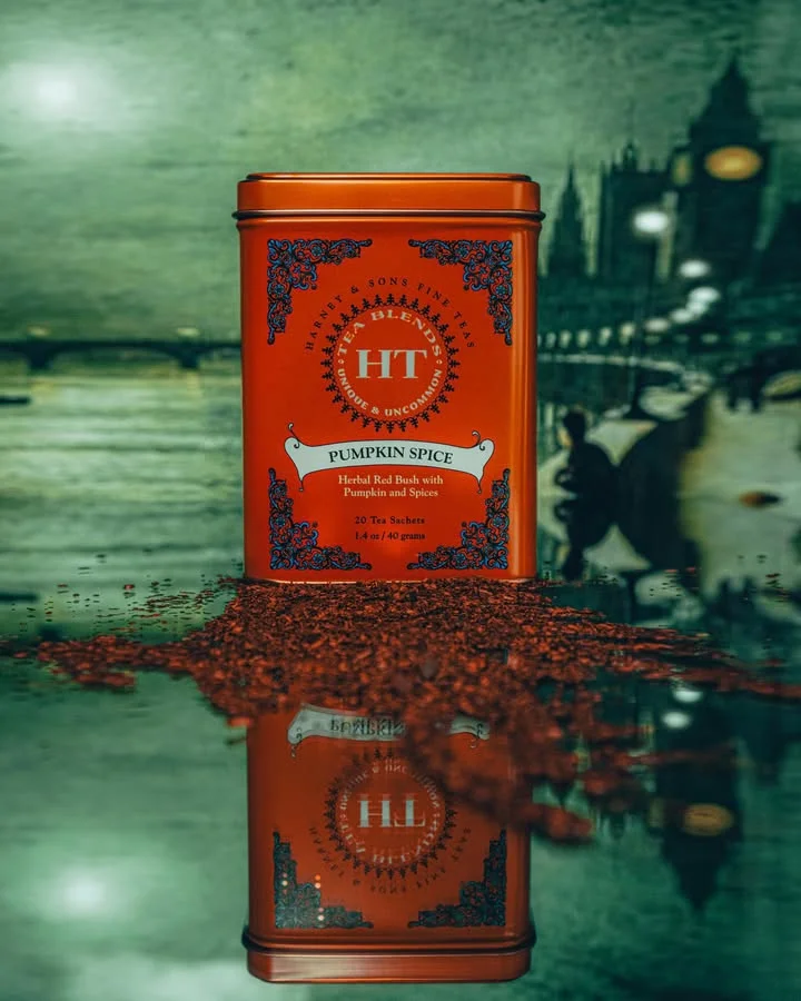 Pumpkin spice herbal tea blend in decorative tin