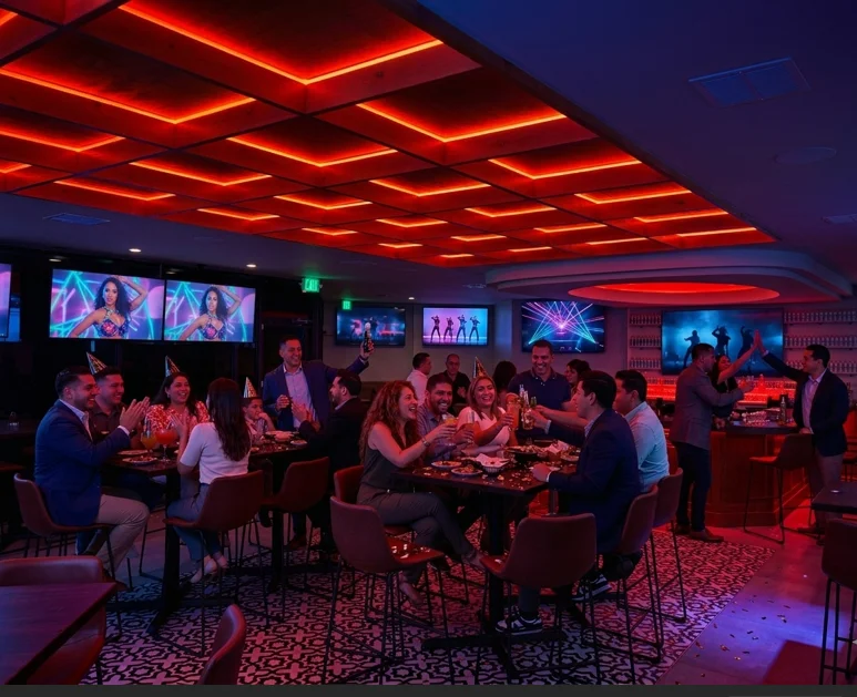 A vibrant restaurant interior with colorful decor and seating arrangements.