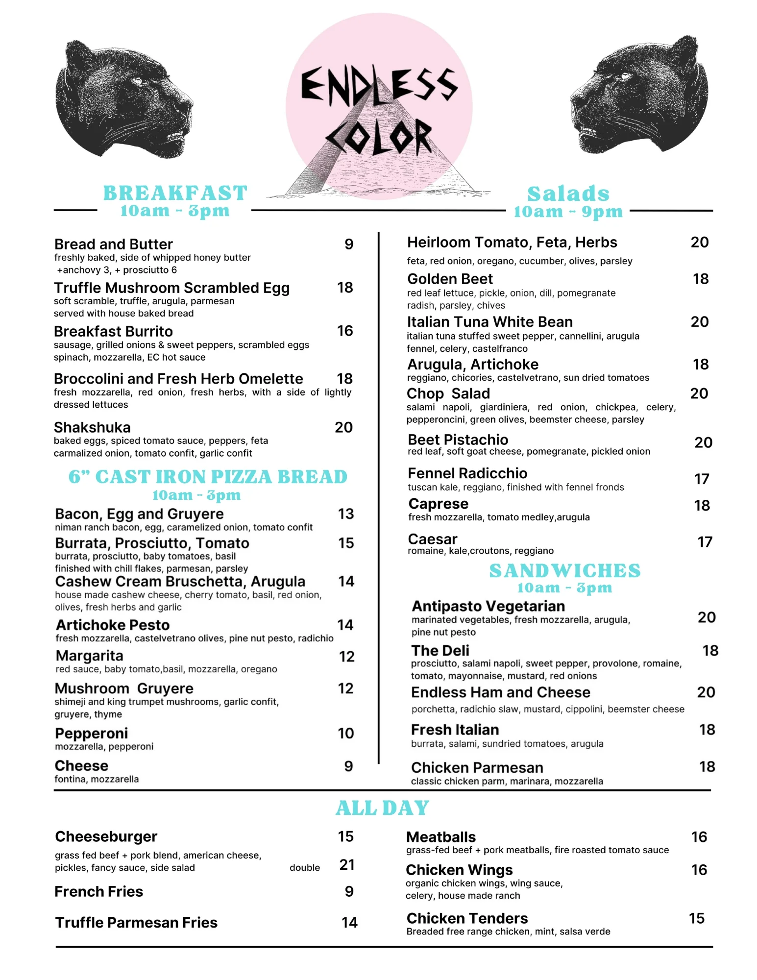 Diverse menu offerings at Endless Color restaurant