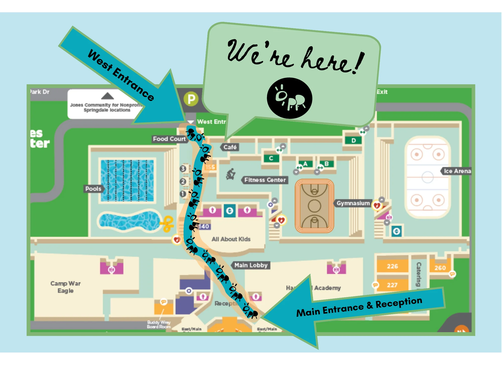 Map of community center with key locations marked