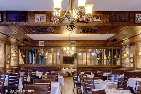 Cozy restaurant interior with rustic decor and warm lighting