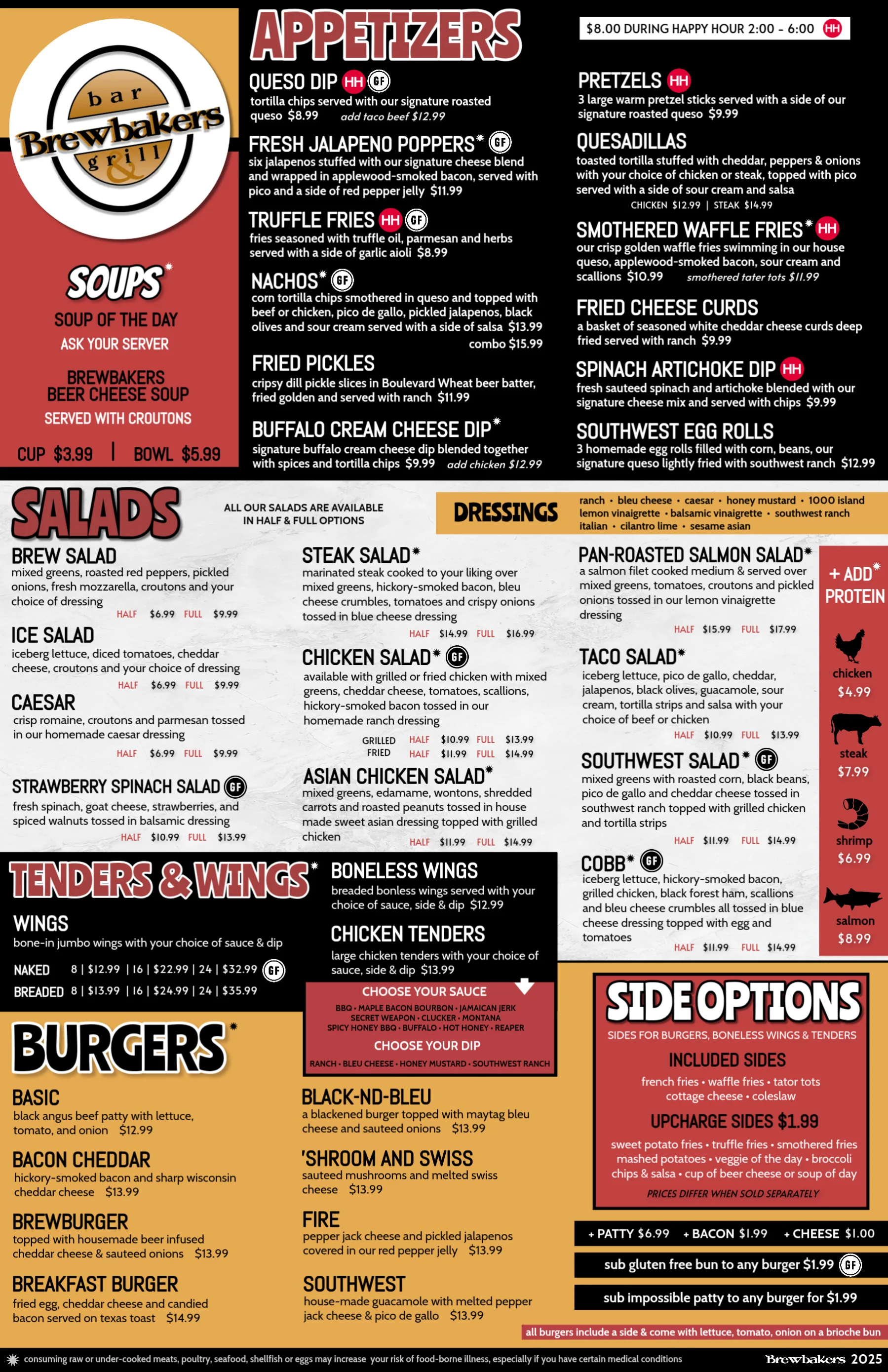 Appetizer menu from Brewbakers Grill featuring various dishes