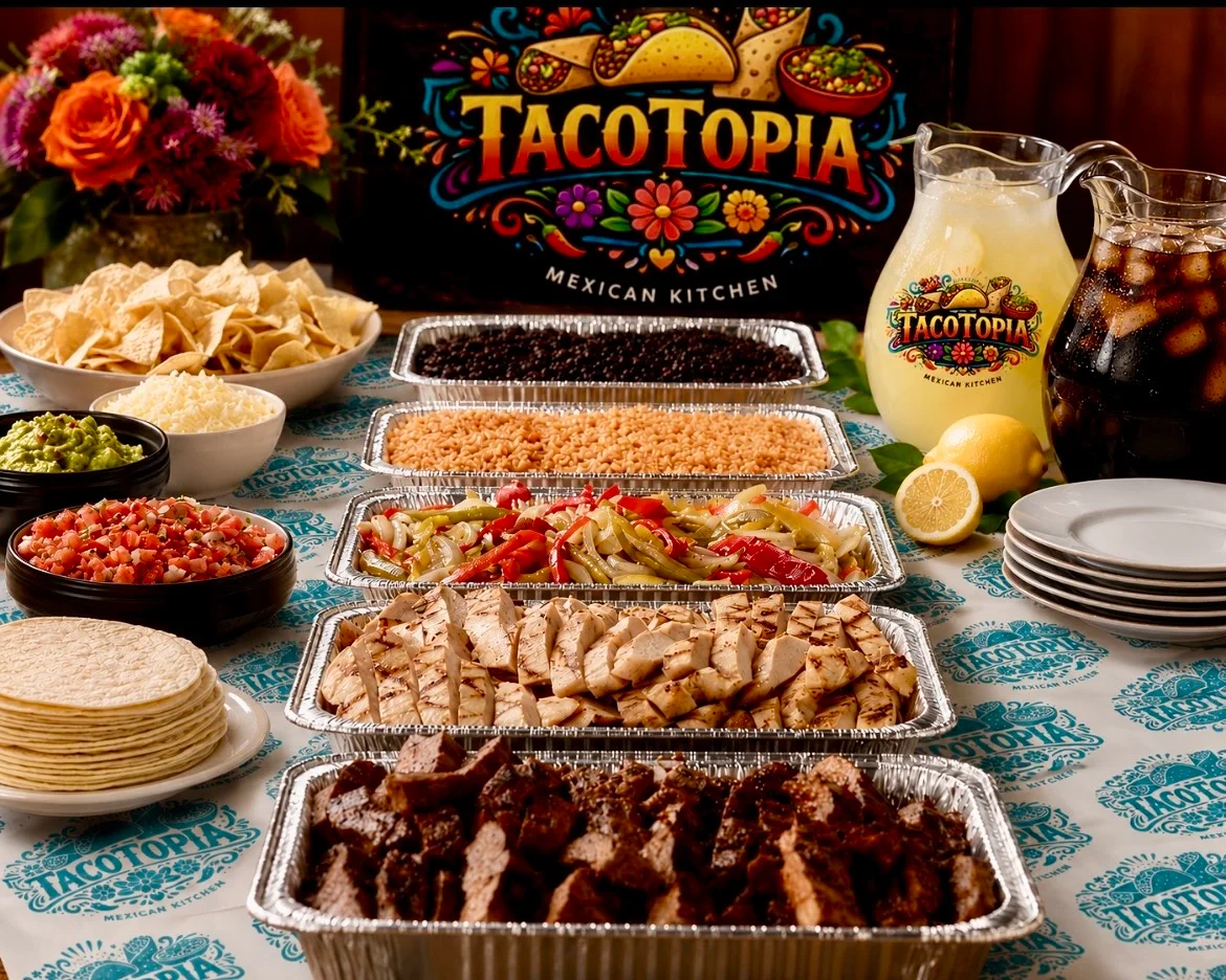 A colorful plate of shrimp burrito with sides and a drink at Tacotopia.