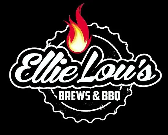 Logo of Ellie Lou's Brews & BBQ featuring flame and beer cap design