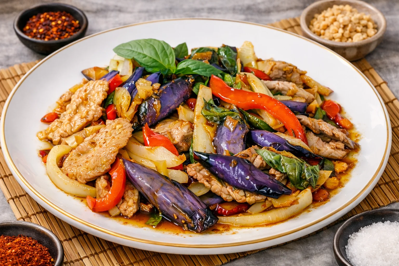 Stir-fried Thai basil chicken with eggplant and bell peppers